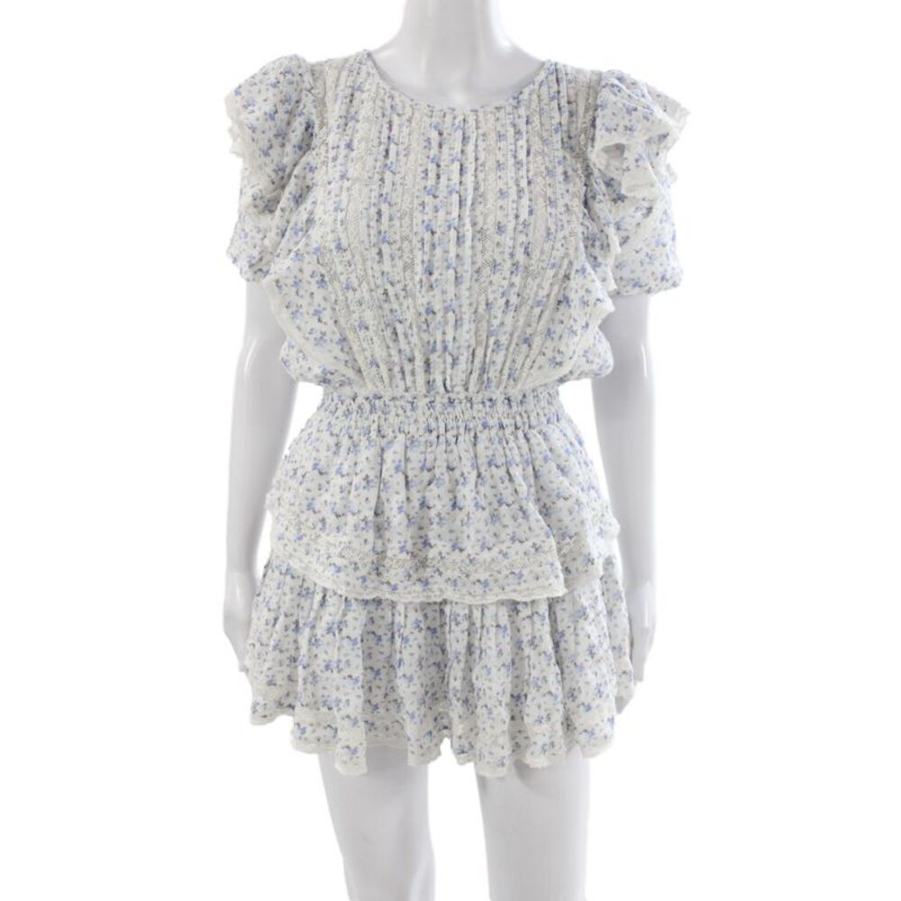 Love Shack Fancy Women Mini Floral Cotton Dress Blue Short Sleeve Size XS